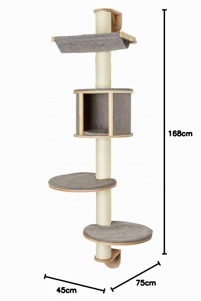 Kerbl Pet Tiragraffi da parete Dolomit Tofana, grigio, 168cm, legno, sisal, gatti, cuscino rimovibile e imbottito