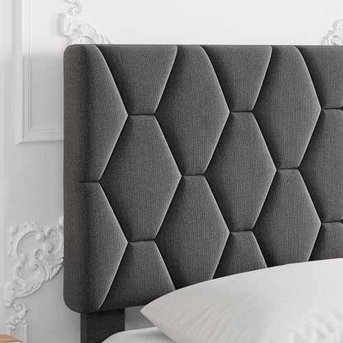 GAOMON Grey Queen Bed Frame with Upholstered Headboard, Heavy-Duty Platform Bed Frame with Strong Wood Slats, No Box Spring Needed/Easy Assembly/Noise Free