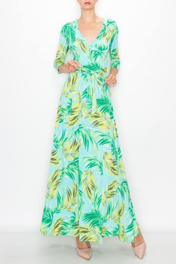 Women's 3/4 Sleeve V-Neck Printed Maxi Faux Wrap Dress Black Green S - Image 6