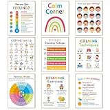 9 Calming Corner Posters, Feelings Chart for Kids, Calm Down Corner Mental Health Posters, Preschool Classroom Educational Poster Emotions Chart Coping Skills, Wall Art Decoration Mood Calming Sticker