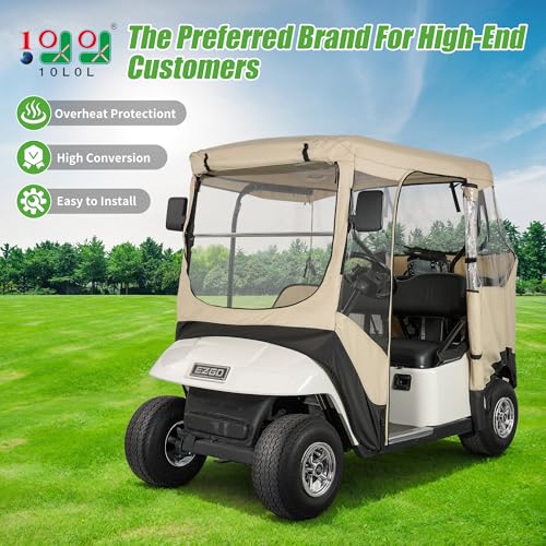 10L0L Golf Cart Enclosure fit for 2 Passenger EZGO TXT & RXV, Waterproof Windproof Portable Transparent Golf Cart Cover Storage Driving 4 Sided Enclosure (Beige)