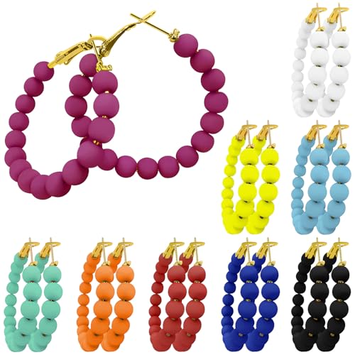 Beaded Hoop Earrings for Women Bohemian Circle Round Bead Earrings Colorful Vintage Acrylic Beads Dangle Earrings