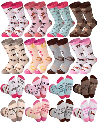 Xtinmee 8 Pairs Funny Horse Socks for Girls 8-12 Novelty Riding Cotton Crew Socks with Sayings Holiday Equestrian Gift for Horse Lovers Cowgirl Party Favors