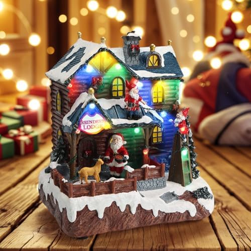 PETAFLOP Christmas Village House with LED Lights, Resin Village Scene with Musical & Animated Reindeer, Gift for Xmas Home Indoor Decorations, 8.3 x 7.5 x 5.9 Inches