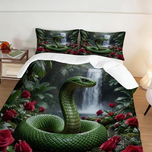 Image of Tropical Snake Comforter Set Full Size Red Roses Jungle Waterfall Wildlife Bedding Sets for Girls Boys Kids Adults Bedroom Decor Snake Lover Quilt 1 Comforter 2 Pillowcases