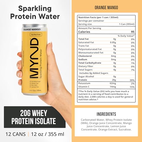 Image of MYND Sparkling Protein Water, Clear Protein Drink - 20g Whey Protein Isolate Per Can, 12 Pack - Lactose Free, Gluten Free, No Added Sugar - Ready-to-Drink Carbonated Protein Drinks - Orange Mango