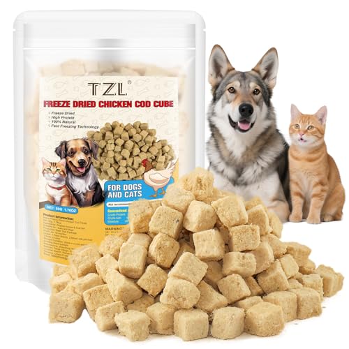 Snack per Gatti Liofilizzati con Pollo e Merluzzo, Premio Naturale ad Alto Proteine per Cani, Trattamento Sano Masticabile a Ingredienti Limitati 50g