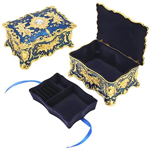 NLDGR Vintage Jewelry Box,Two Layers Rectangle Trinket Jewelry Box Ring Earrings Case Keepsake Box Organizer Trinket Boxes for Birthday Woman Girl Gift(Golden Blue) Cover