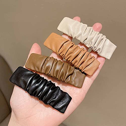 8Pcs Fashion Pu Leather Hairpin Snap Hair Clips Rectangle Ruched Bb Hair Clips Barrettes Hair Accessories For Women Ladies Girls, 4 Colors #TOP2