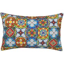 Mexican Talavera Ceramic Tile Pattern Ethnic Folk Throw Pillow Cover, Cushion Case Decoration for Sofa Couch 14"x20"