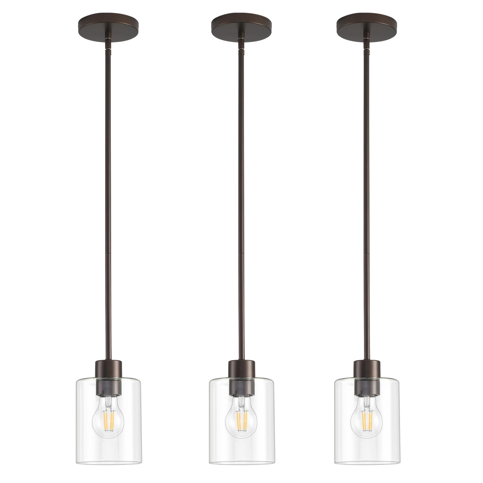 Photo 1 of KLSS Oil Rubbed Bronze Pendant Lights Kitchen Island - Clear Glass Pendant Light Fixture Multiple Stems Rods 3 Units 12 Inch 3 Units 4 Inch (3 Pack Oil Rubbed Bronze Downrod)