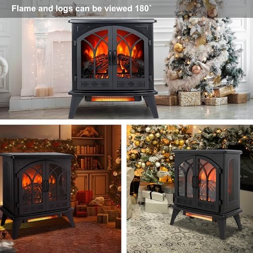 24" Electric Fireplace, Freestanding Fireplace Heater w/Realistic Flame, Remote, Timer, Adjustable Brightness, Thermostat, Overheating Protection, 1500W, Black - Thumbnail 2