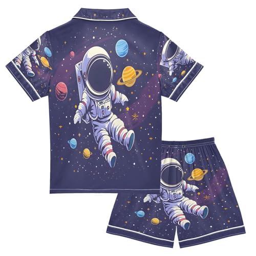 ALAZA Solar System Planet Hipster Astronaut Space Satin Pajamas Set Short Sleeve Button Down Sleepwear Summer Pjs 2 Piece2