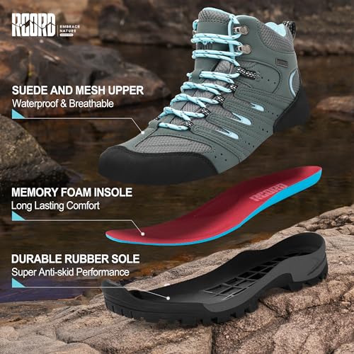 Image of R CORD Womens Hiking Boots Waterproof Slip-Resistant Cushioned Support Durable for Hiking, Travel, Rainy Days, Camping, and Outdoor Adventures
