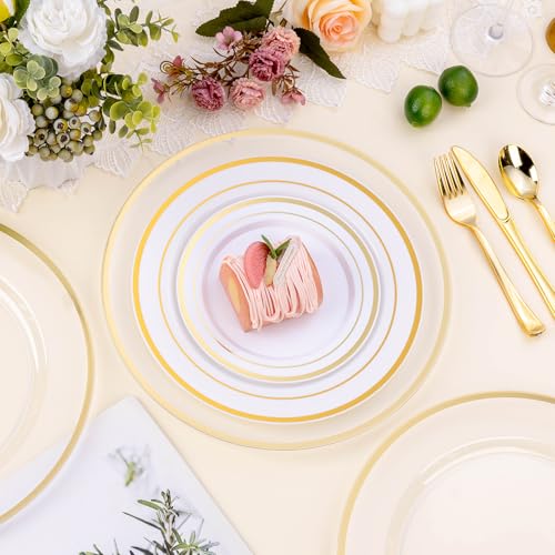 BESTSTAR 50 Pack 12 Inch Clear Charger Plates with Gold Rim | Disposable Plastic Table Decor Set for Party, Wedding, Dinner & Special Events