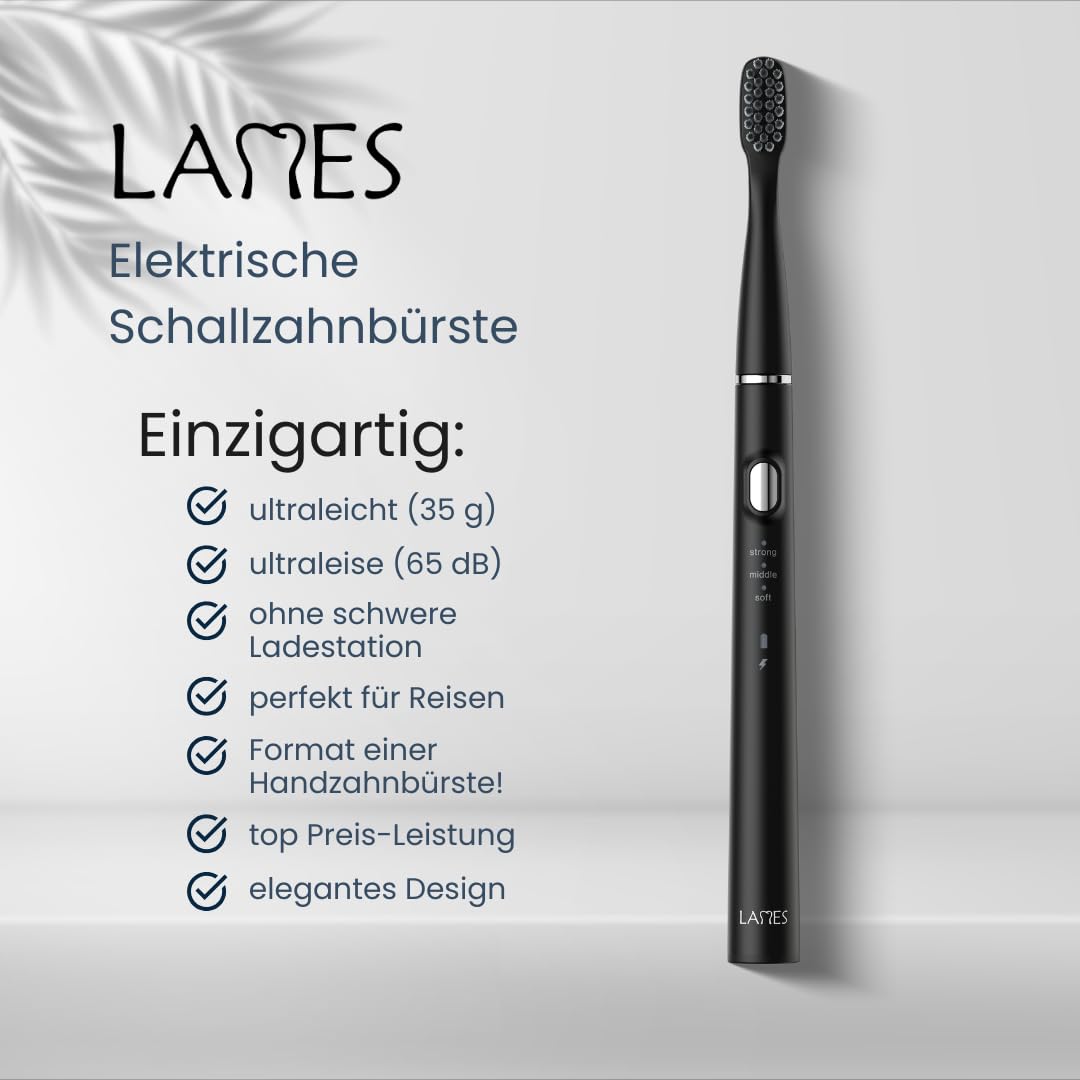 LAMES Schallzahnbürste - ultraleicht & kompakt - bis zu 100 Tage Akkulaufzeit - 3 Putzmodi & Smart-Timer - extra leise - ohne Ladestation: Aufladen mit USB-Kabel - perfekt für Reisen & Zuhause