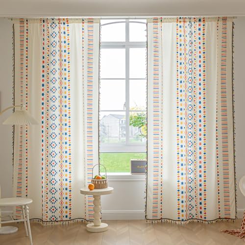 Image of Beige Geometric Curtains 102 Inches Long, Boho Farmhouse Light Filtering Rod Pocket Drapes with Tassel Trim for Bedroom Living Room, 2 Panels