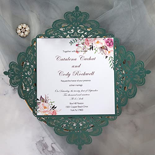 Tarjetas de invitación de boda marfil con corte láser y borde dorado de 50 uds 5