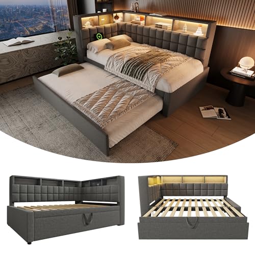 Kebnor Cama tapizada de lino 90 x 200 cm con cama nido de 90 x 190 cm, LED, altavoz Bluetooth, puerto de carga USB y tipo C, cabecero en L con estante de almacenamiento, sofá cama/cama de invitados