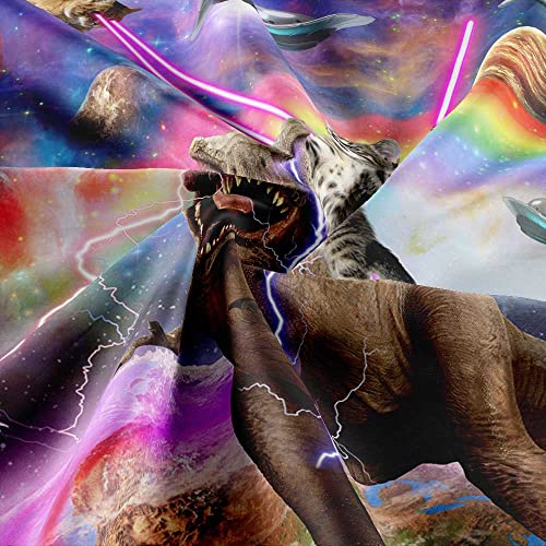 Image of Funny Cat Shower Curtain Boys Kids Bathroom Decor, Cool Riding Dinosaur On Fantasy Galaxy Hilarious Curtain, Funky Outer Space Universe Anime Fabric with 12PCS Hooks, 70X84IN