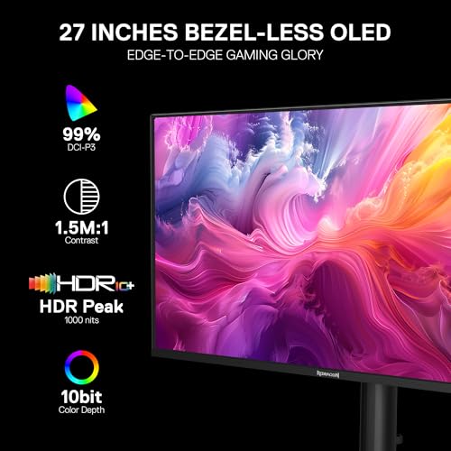 Image of Redragon GM272 27 inch OLED Flat Gaming Monitor - QHD 2560x1440, 360Hz, 0.03ms GTG, AMD FreeSync Premium, 99% DCI-P3, HDR Peak 1000 nits, HDMI x2, DP x3, Eye Care, VESA Wall Mount