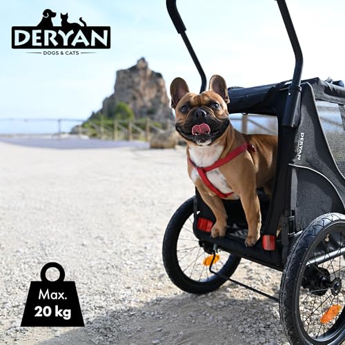 Deryan Przyczepa rowerowa dla psów 2 w 1 dla psów – przyczepka rowerowa XL, do biegania i spacerówki – składana i wielofunkcyjna – do 20 kg – nadaje się do rowerów elektrycznych – zawieszenie