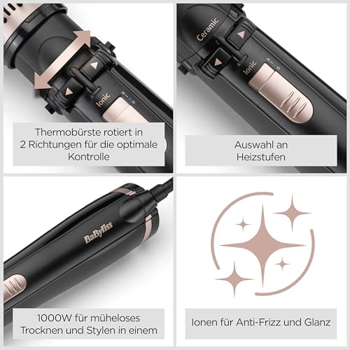 BaByliss Dry, Straighten and Style - Rotierende Warmluftbürste, 1000W Ionen Rundbürstenföhn mit 4 Aufsätzen zum Föhnen, Glätten, Volumen kreieren, Schwarz, AS200E