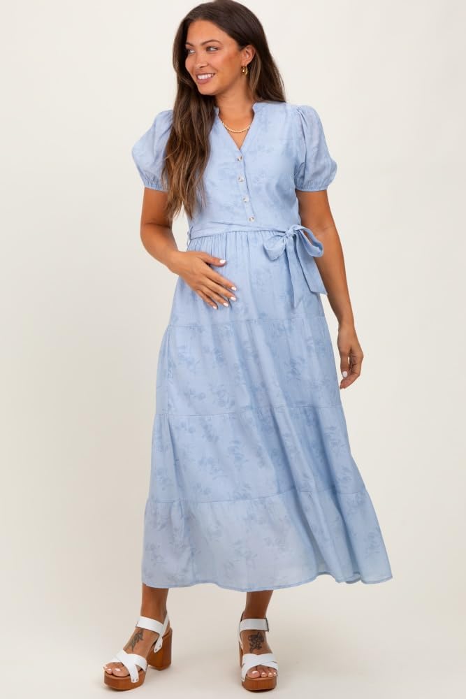 PinkBlush Light Split Neckline Tiered Maternity Midi Dress