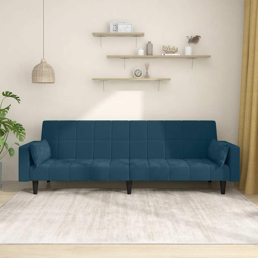 Sofá cama de 2 plazas terciopelo azul con 2 almohadas, sofá plegable con marco de madera para salón, habitación de invitados, oficina