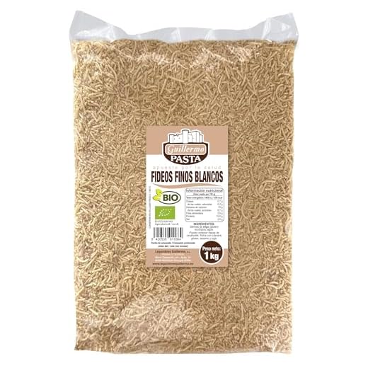 Guillermo | Fideos finos blancos BIO - Bolsa 1 kg. | 100% ecológico | Alimento bajo en grasa | Niveles altos de carbohidratos
