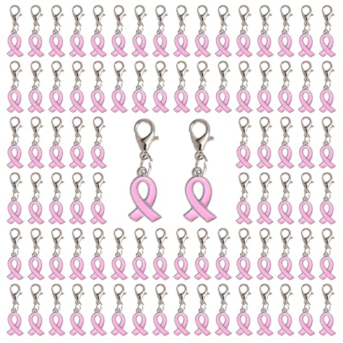 CRAFFANCY 100 Pcs Pink Ribbon Pendant with Clasps, Breast Cancer Awareness Alloy Ribbon Charms for Jewelry Making