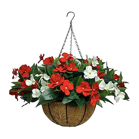 Lopkey Artificial Hanging Flowers with Basket,Silk Impatiens in 12 inch Coco Coir Liner Hanging Basket Pot for Outdoor Porch Balcony Garden Cover
