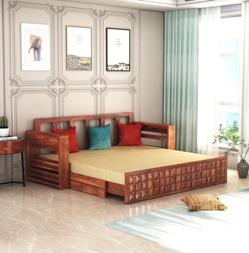 Image of Wooden Sofa Cum Bed for Living Room | Solid Sheesham Wood Convertible 3 Seater Diwan Sofa Bed with Pull-Out Storage Armrest | Folding Double Bed for Home, Guest Room & Office | Honey Finish