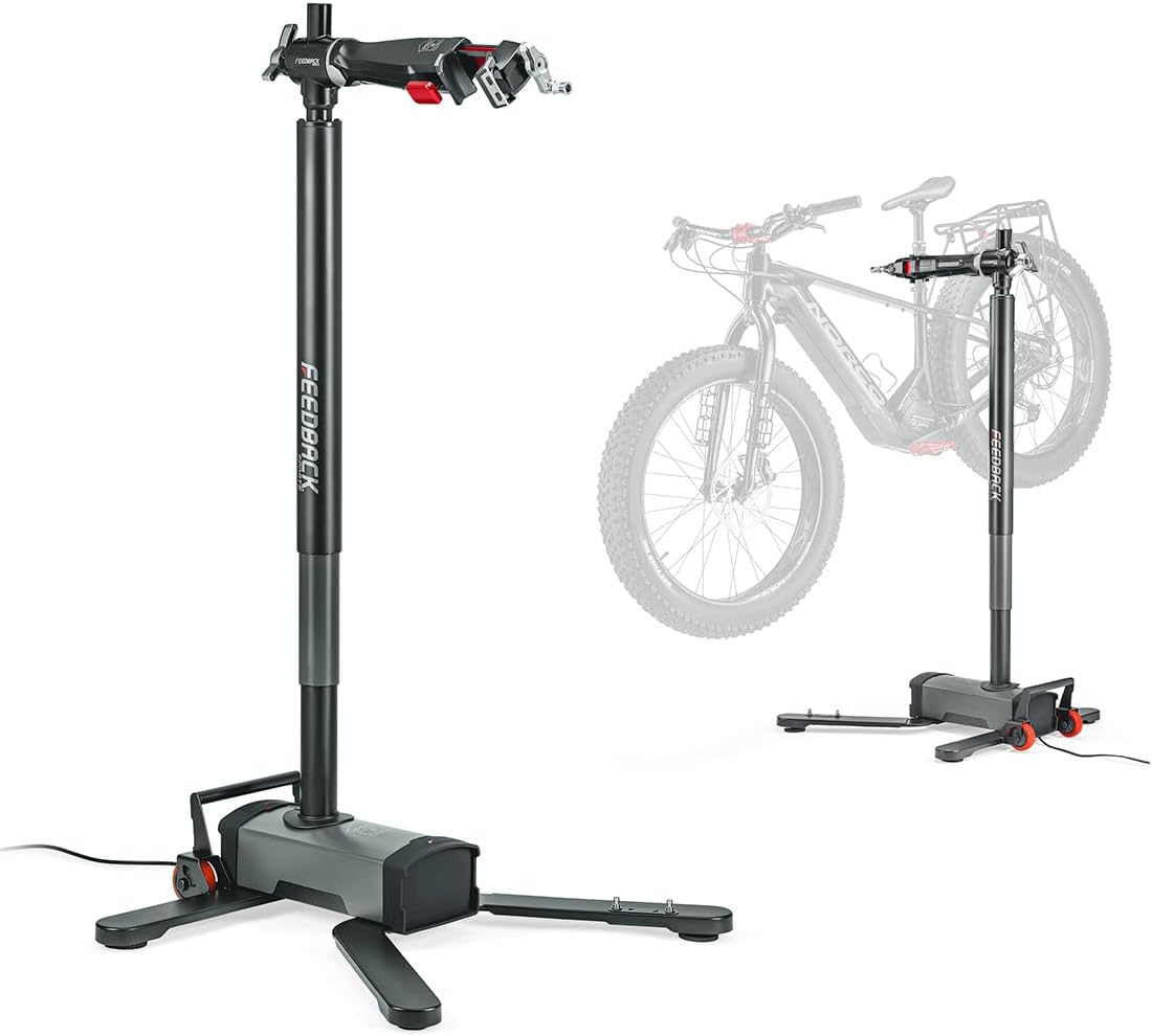 Feedback Sports | Pro E Lift Bike Repair Stand | Electric Height Adjustment, 100 lb Capacity, Speed Ratchet Clamp, Ideal for E-Bikes and Home Workshops