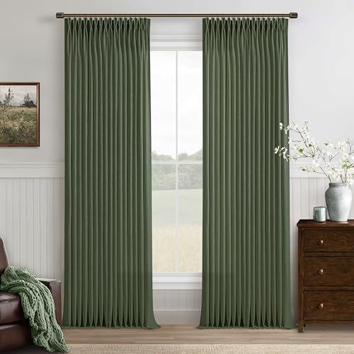 Green Semi Sheer Privacy Linen Pinch Pleated Country Curtains 86 Inch Long