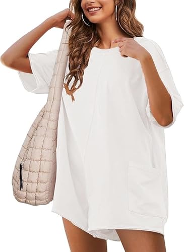 Sukiglam Jumpsuit Damen Elegant Sommer Overall V/Rundhals Kurzarm Lose Romper Casual Weites Bein Latzhosen Kurz Einteile...