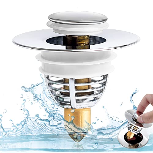 Puikos Bathroom Sink Plug Push Type, Rust-Proof Pop Up Sink Plug with 1 Waterproof Ring, Basin Plug with Anti-Clogging Basket, for 33mm-42mm/1.3''-1.65'' Drain Hole