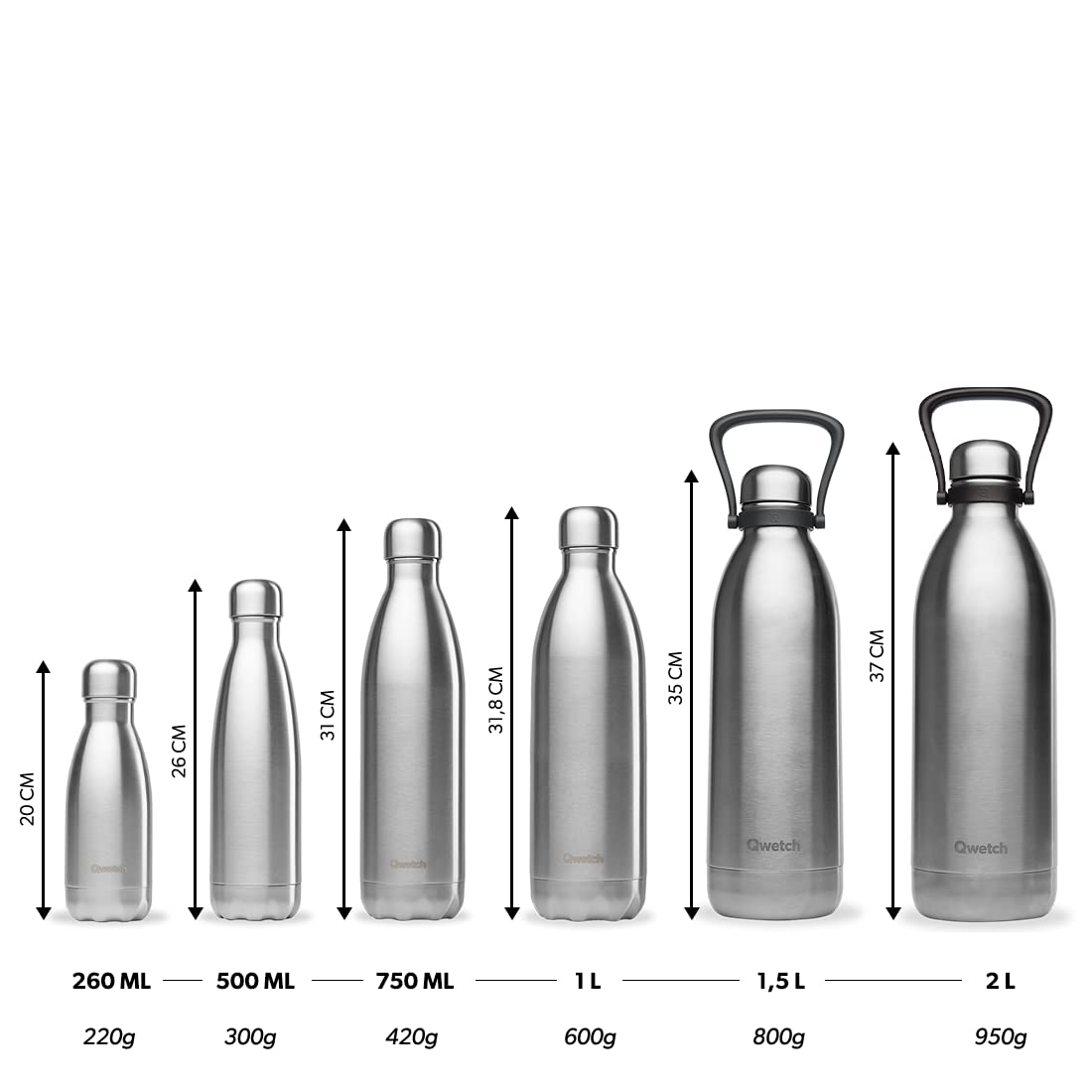 Qwetch - Grande Bouteille Isotherme - Inox Brossé 2L - 48h Froid et 16h Chaud - Etanche & Sans BPA - Gourde Inox avec Poignée de Portage - Thermos isotherme pour Pique-nique, Camping, Famille