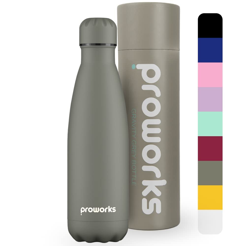 Proworks Performance Stainless Steel Sports Water Bottle | Double Insulated Vacuum Flask for 12 Hours Hot & 24 Hours Cold Drinks - Great for Home, Work, Gym & Travel - 500ml - BPA Free – Slate Grey
