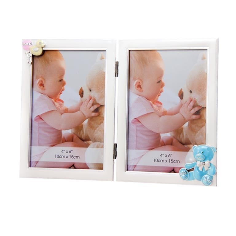 Cadre photo enfant double bleu DRW articulé 24 x 17 cm avec vitre de protection