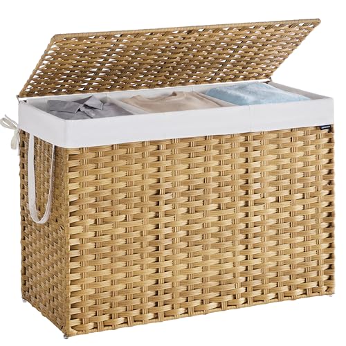 SONGMICS Laundry Basket 200 L Synthetic Rattan Storage Basket with Lid and Handles Wicker Foldable Removable Liners for Blankets Clothes Living Room Laundry Room Natural Colour LCB320Y01