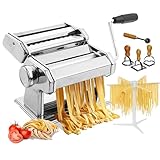 Nonni's Kitchen Manual Pasta Maker Machine, 150mm Steel Pasta Roller Noodle Maker with 3 Pasta Stamps, 9 Adjustable Thickness Settings Pasta Press, Pasta Drying Rack, Cutter for Lasagna, Fettuccine