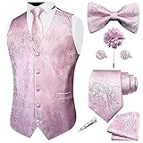 GUSLESON Mens Grey Pink Vest Tie and Bow Tie Set Formal Waistcoat Paisley Floral Jacquard Necktie Pocket Square Suit Vests Lapel Pin Wedding Party (0815-13-L)