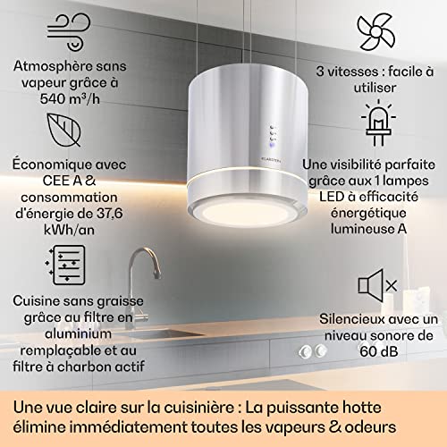 Klarstein Tron Ambience Hotte aspirante décorative en îlot Ø 38cm suspension plafond Recyclage d´air 540 m³ h classe A inox - vue 3