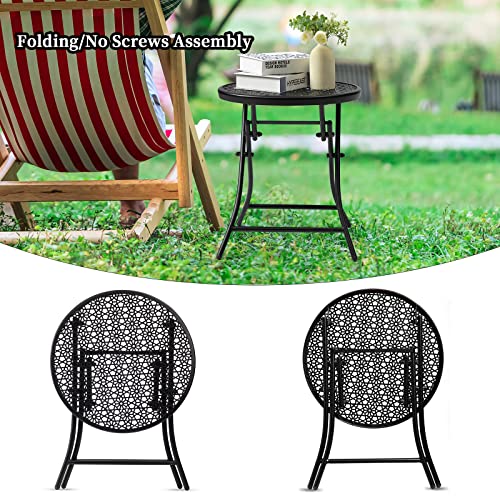 Teokj Folding Outdoor Side Tables, Anti Rust Small Patio Table Round Metal End Table With Flower Cutouts For Porch Yard Balcony Deck Lawn, Black #TOP3