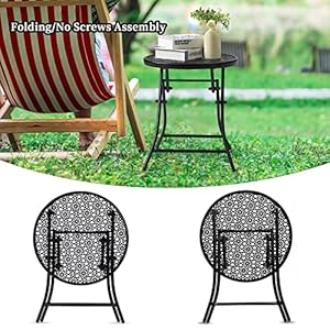TeoKJ Folding Outdoor Side Tables Anti Rust Small Patio Table Round Metal Nightstand with Flower Cutouts for Porch Yard Balcony Deck Lawn Black