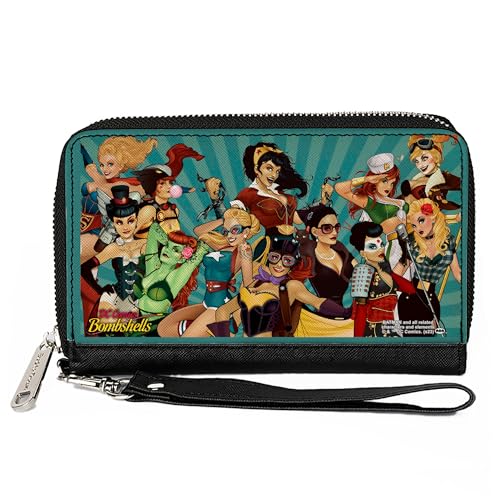 Buckle-Down DC Comics Wallet, Zip Around, DC COMICS BOMBSHELLS Group Pose and Rays Blues, Vegan Leather