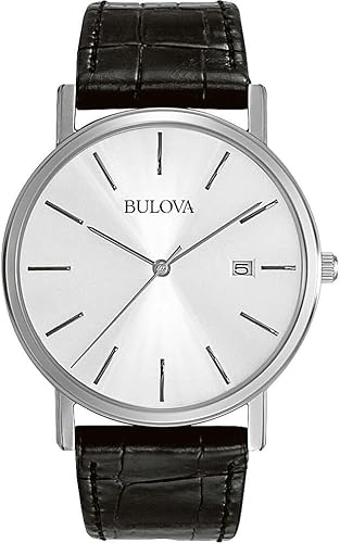 Bulova Reloj de cuarzo de acero inoxidable de 3 manecillas con calendario de cuarzo con correa de cuero negro Estilo 96B104 Plateado Esfera circular Bulova Reloj de cuarzo de acero inoxidable de 3 manecillas con calendario de cuarzo con correa de cuero negro Estilo 96B104 Plateado Esfera circular