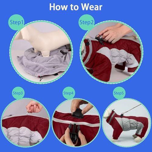 Image of MIGOHI Full Body Dog Coat,Warm Coats for Medium Dogs | Reflective Winter Coat for Dogs with Harness,Turtleneck Dog Snowsuit with Legs,Windproof Pet Fleece Puffer Jacket,XL,Burgundy