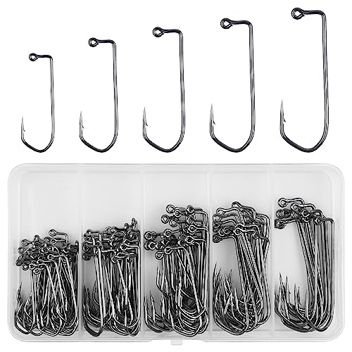 Aberdeen 150pcs 90 Degree Long Shank Forged Duratin Jig Hooks - Round Bend High Carbon Steel Barbarian Saltwater Fishing Kit 1/0-5/0